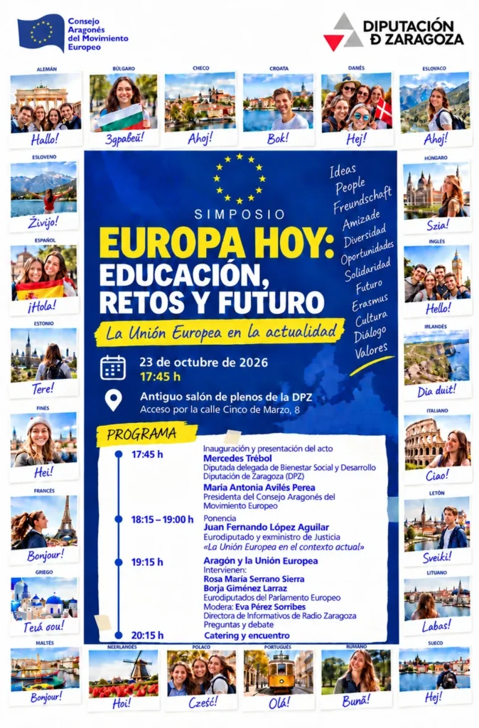 Cartel del simposio «Europa Hoy: Educación, Retos y Futuro» organizado por el Consejo Aragonés del Movimiento Europeo y la Diputación de Zaragoza. En el centro aparece el título del evento sobre fondo azul con estrellas amarillas de la bandera europea, detallando la fecha (23 de octubre de 2026), hora (17:45 h) y lugar (Antiguo salón de plenos de la DPZ). En la parte inferior se describe el programa de la jornada con las intervenciones de Mercedes Trébol, María Antonia Avilés, Juan Fernando López Aguilar, Rosa María Serrano, Borja Giménez y Eva Pérez Sorribes. El marco del cartel está compuesto por una retícula de pequeñas fotografías de jóvenes y lugares icónicos europeos acompañados de saludos en más de 20 idiomas.